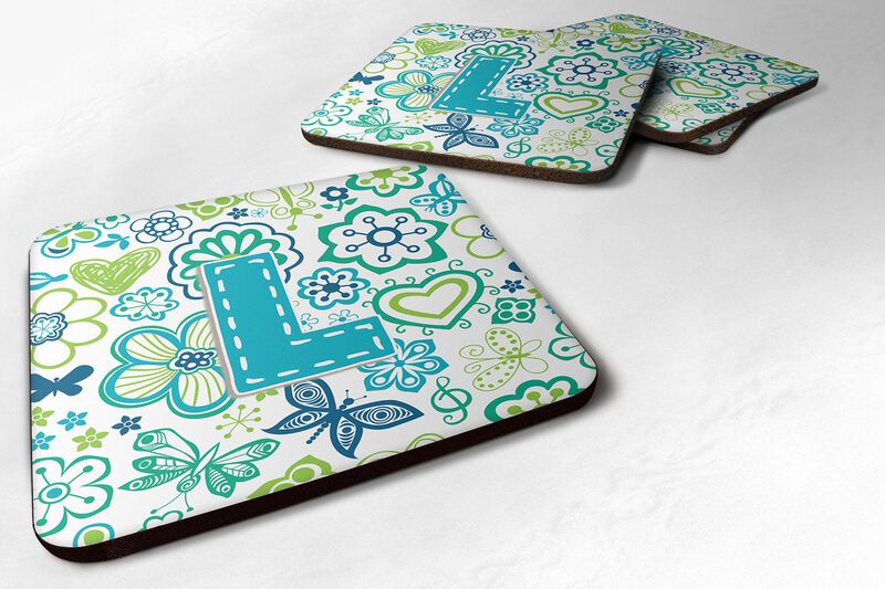 Caroline's Treasures CJ2006-LFC Letter L Flowers and Butterflies Teal Blue Foam Coasters (Set of 4), 3.5, Multicolor