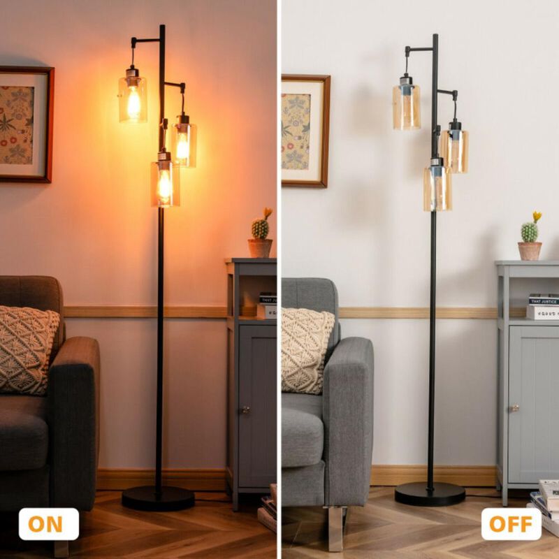 Hivvago Retro Floor Lamp with 3-Head Hanging Amber Glass Shade