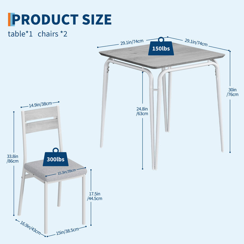 Modern 3-Piece Dining Set for 2 &ndash; Square Table & 2 Chairs &ndash; Space-Saving Compact for Apartment & Kitchen image number 3