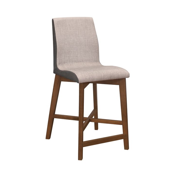 25 Inch Walnut Counter Height Stool with Curved Seat, Taupe Gray Fabric  - Benzara