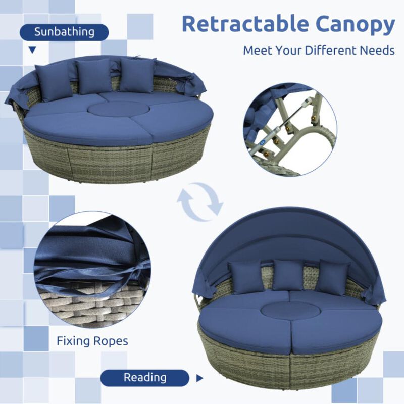 Hivvago Outdoor PE Wicker Round Daybed with Retractable Canopy and Cushions