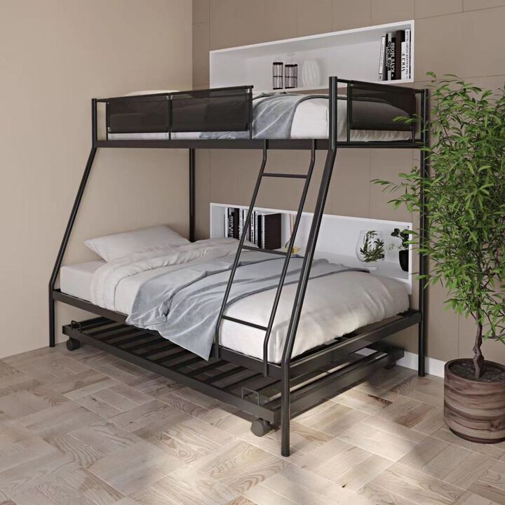 Twin over Full Metal Bunk Bed with Trundle (Wood Slat and Textilene Guardrail)