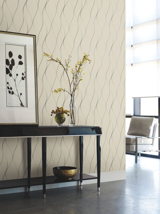 Wavy Stripe Beige Metallic Wallpaper