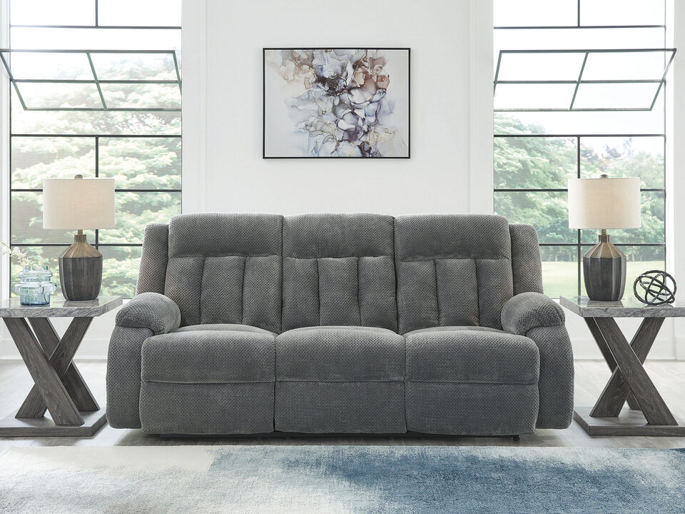 Greely Bend Power Reclining Sofa with Drop Down Table in Grey