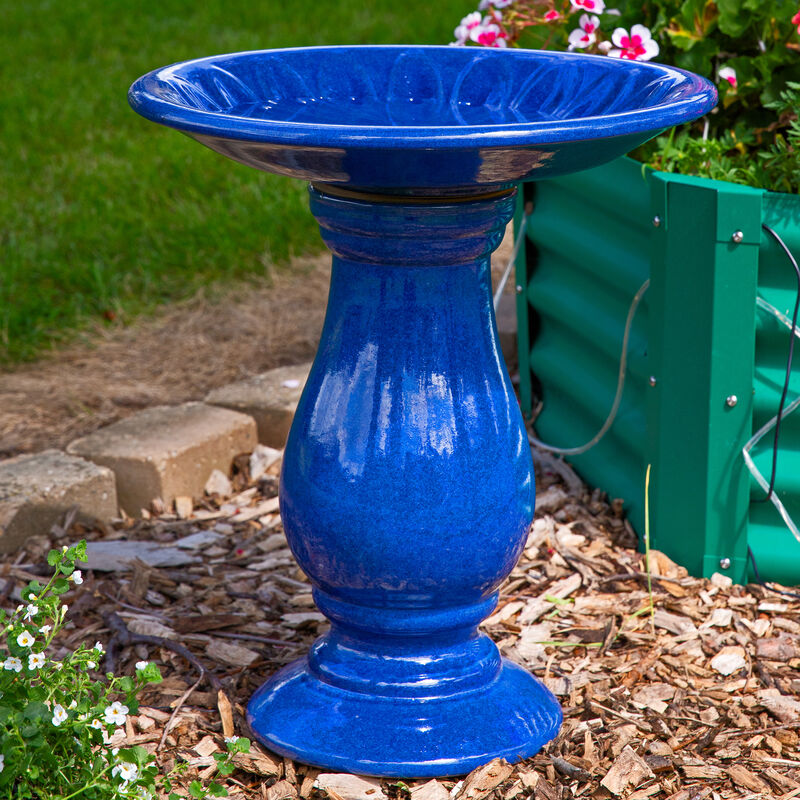 Sunnydaze Daisy Embossed Bowl Ceramic Outdoor Bird Bath - Blue - 21.5” H