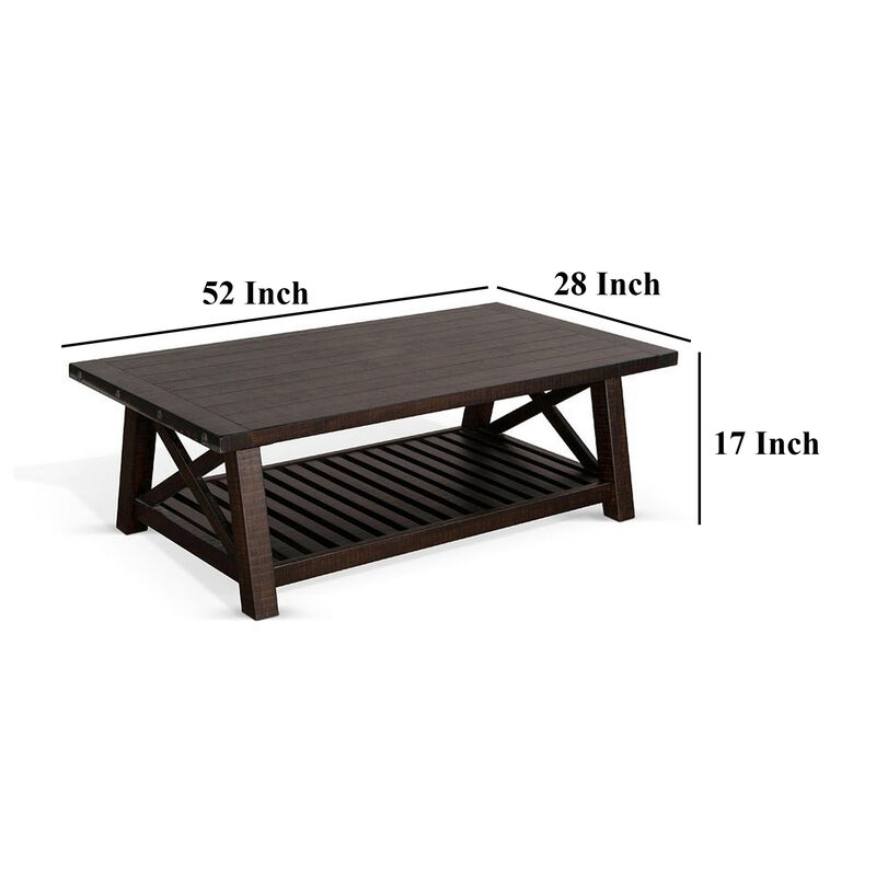 Anva Coffee Table, Dark Brown Mahogany, Shelf, Rectangular 52 Inch
