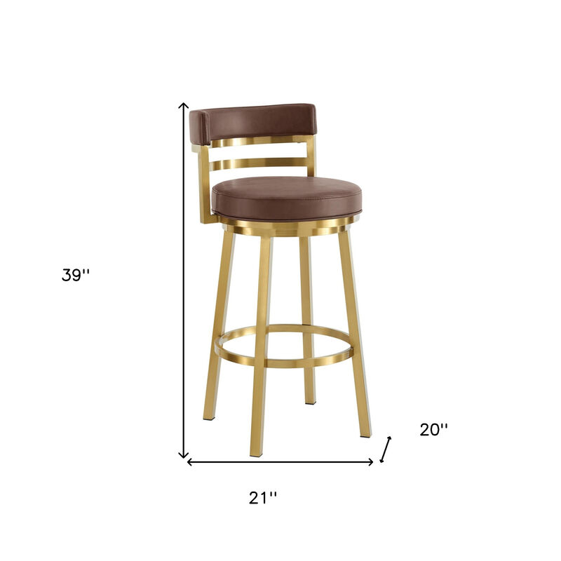 HomeRoots 30" Coffee and Gold Faux Leather and Stainless Steel Low Back Bar Height Swivel Bar Chair image number 6