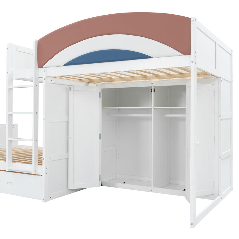 Whisen 136" Full Size Offset Bunk Bed with Wardrobe & 2 Drawers, Upholstered Guardrail, MDF Plywood Space Saving Loft Bed for Kids Bedroom image number 7