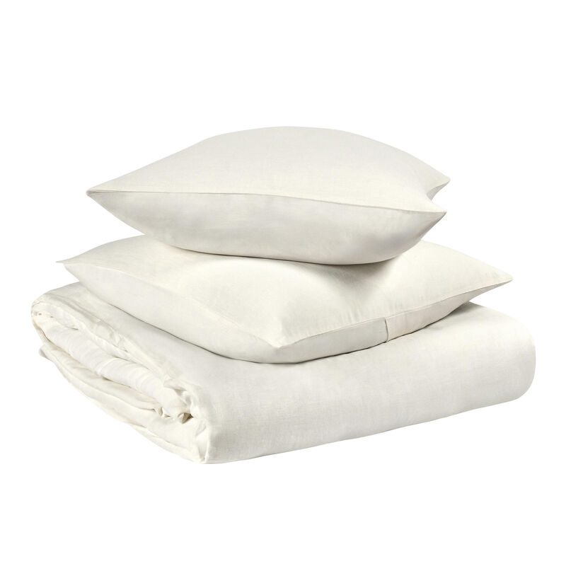 Paula 3 Piece King Duvet Set, Ivory Soft Stone Washed Hemp, Cotton - Benzara