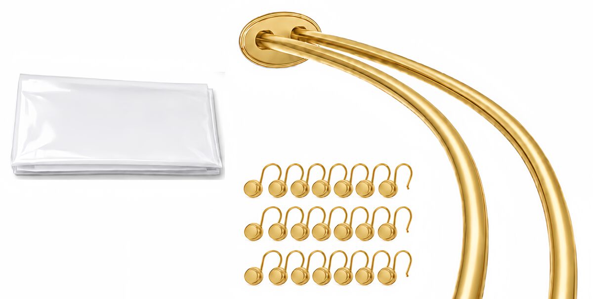 Shower Suite by Utopia Alley &ndash; Rustproof Aluminum Double Curved Shower Curtain Rod Combo Set with Liner & 24 Hooks, Adjustable 45&ndash;72 Inch Wall Mounted Dual Rod, Extra 30% Space