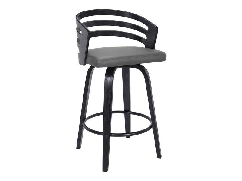 26 Inch Wooden and Leatherette Swivel Barstool, Gray and Black-Benzara image number 2