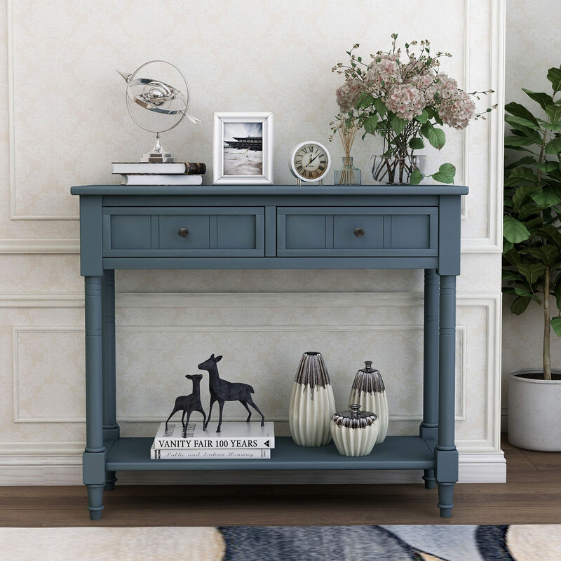 Whisen Rustic Console Table Traditional Design with Two Drawers and Bottom Shelf - Ivory White