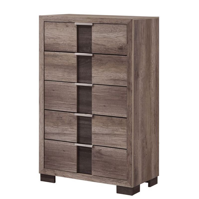 Rangley 47 Inch Tall Dresser Chest, Wood, 5 Drawers, Metal Handles, Brown