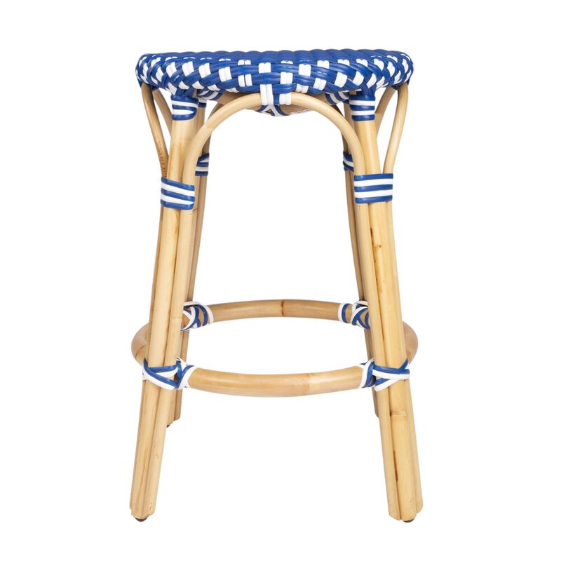 Hivvago 24 Inch Blue and White and Wood Brown Heavy Duty Rattan Backless Counter Height Bar Chair