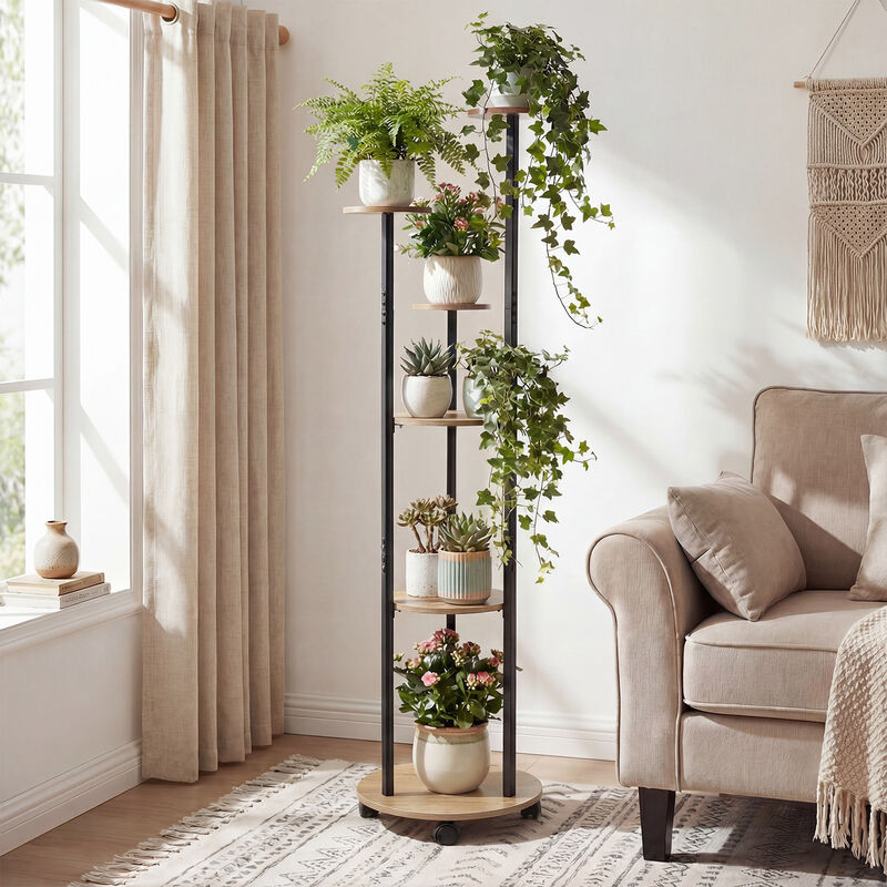 Tall 6-Tier Plant Stand with RGB Lighting and Rolling Wheels for Indoor Plants image number 1