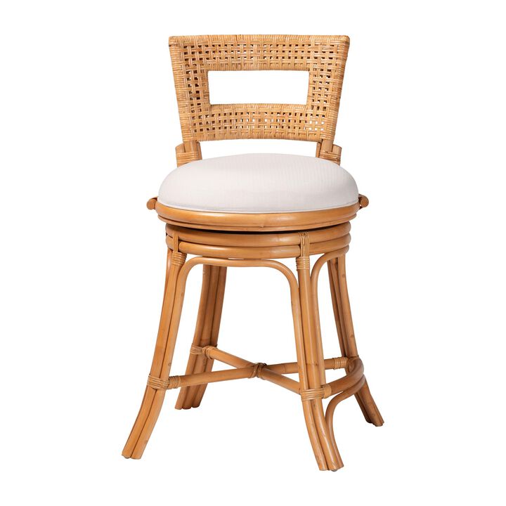 bali & pari Amina Natural Rattan Counter Stool - Handwoven Wicker Stool with Swivel Seat and Upholstered Cushion, Boho Coastal Seating with Footrest for Kitchen Island or Lounge