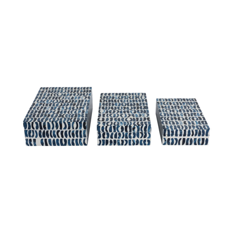 S/3 10/11/12" Boxes With Inlay Pieces, Blue/white image number 2