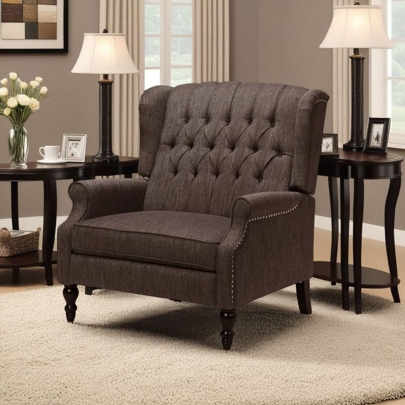 Jade Oversize Wide Chair Manual Recliner, Wingback, Brown Tufted - Benzara