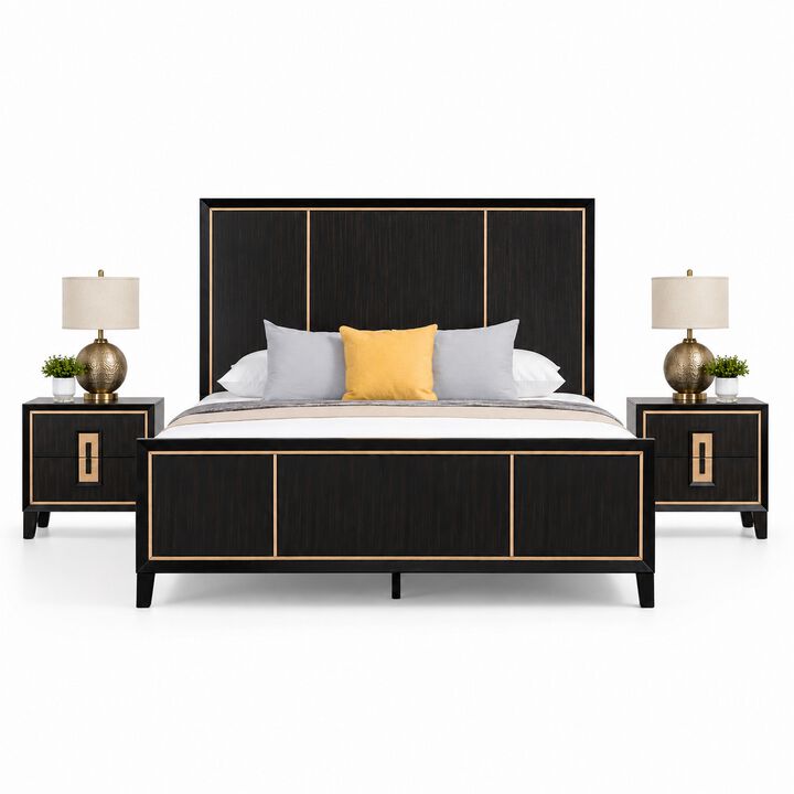 Queen Bedroom Set, Espresso Brown, Gold Wood, 3 Piece Set with 2 Nightstands