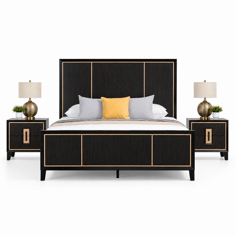 Queen Bedroom Set, Espresso Brown, Gold Wood, 3 Piece Set with 2 Nightstands image number 0