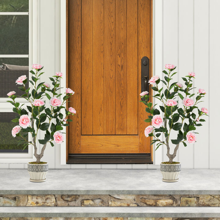 2 Pack Faux Camellia Flower Trees with Blooming Flowers for Home Decor