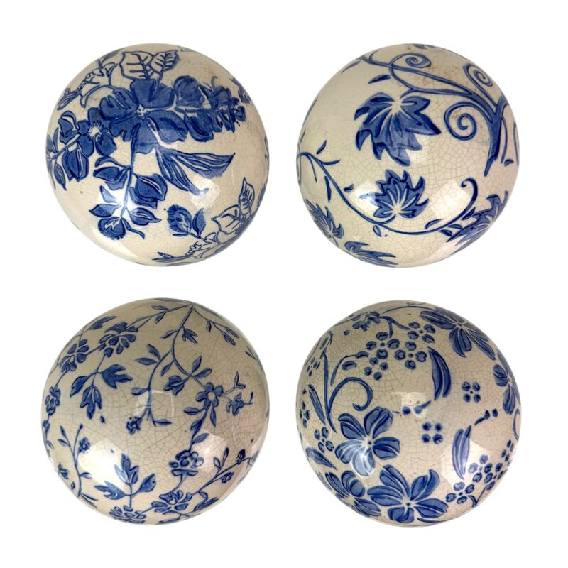 Decorative Orbs Set Of 4 Blue White Floral Crackle Ceramic 375 In image number 0