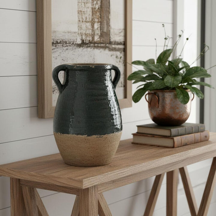 HomeRoots 13" Forest Green And Sand Color Block Terracotta Round Jug Vase