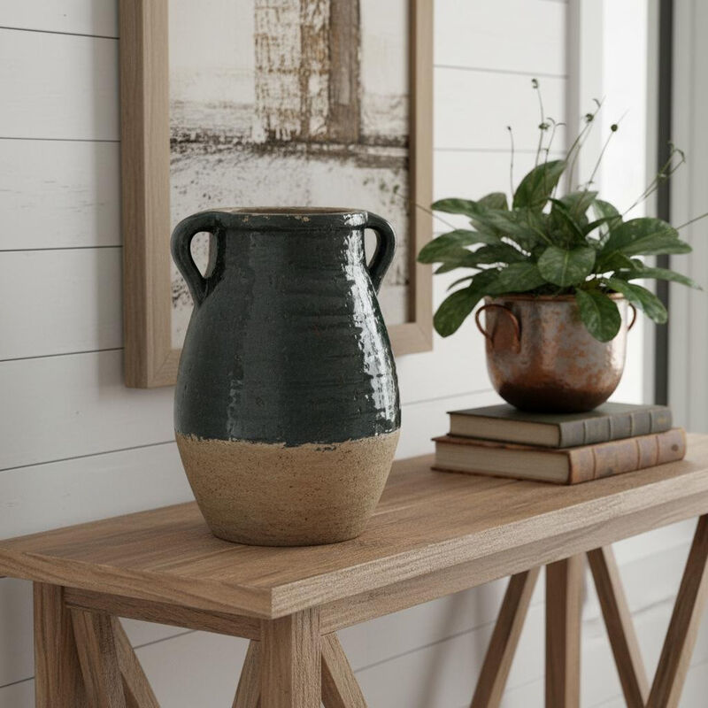 HomeRoots 13" Forest Green And Sand Color Block Terracotta Round Jug Vase image number 1