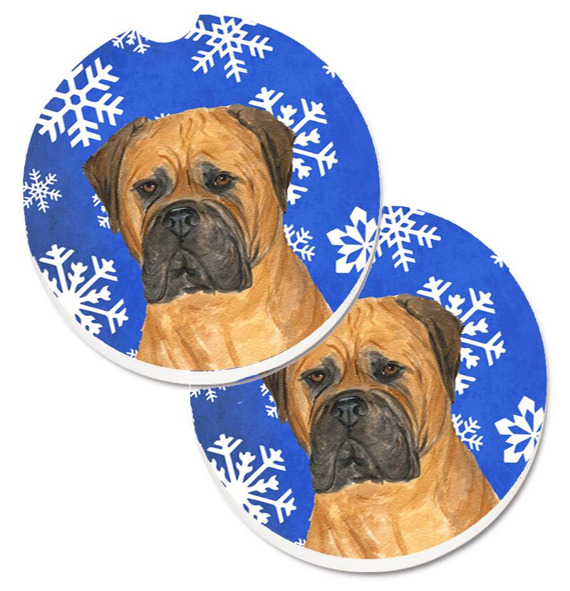 Caroline's Treasures Bullmastiff Winter Snowflakes Holiday Set of 2 Cup Holder Car Coasters SS4655CARC, 2.56, Multicolor image number 0