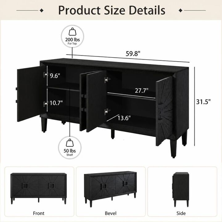 GOODSILO 60 Inch Rustic Farmhouse Credenza Storage Cabinet with Adjustable Shelves and Symmetrical Sunburst Door Design for Living Room Kitchen