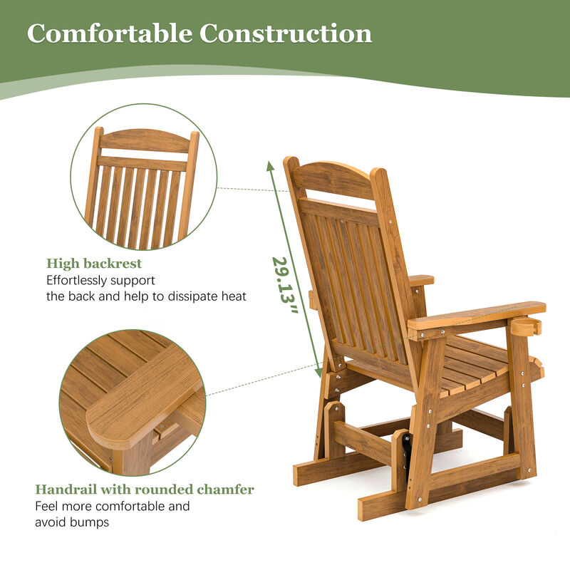 Poly Lumber Patio Glider for One Person, Ergonomic Deep Seat and High Backrest, with Removable Cup Holders, Wood-Like Pattern, Heavy Duty 700 LBS, for Outdoor Patio Garden Yard (Teak)