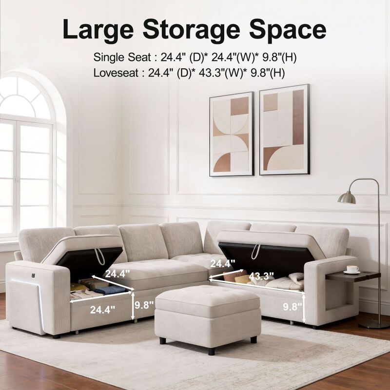 102" L-Shaped Chenille Modular Sectional Sleeper Sofa with Pullout Bed, Reclining Backrest, USB image number 3