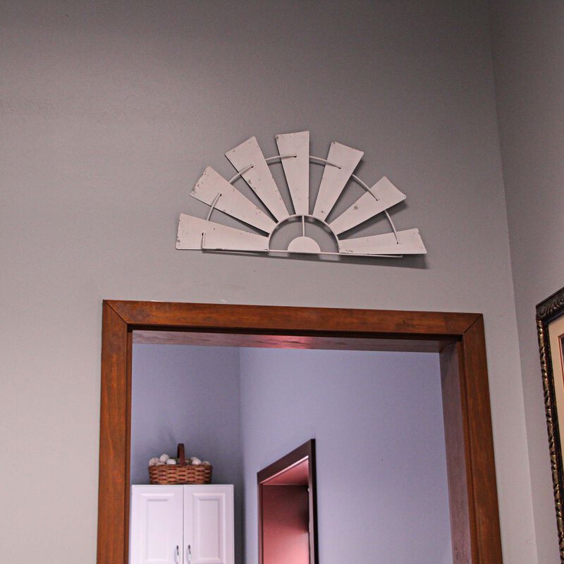 24 Inch Weathered White Metal Half-Windmill Wall Sculpture Rustic Home Decor Art image number 6