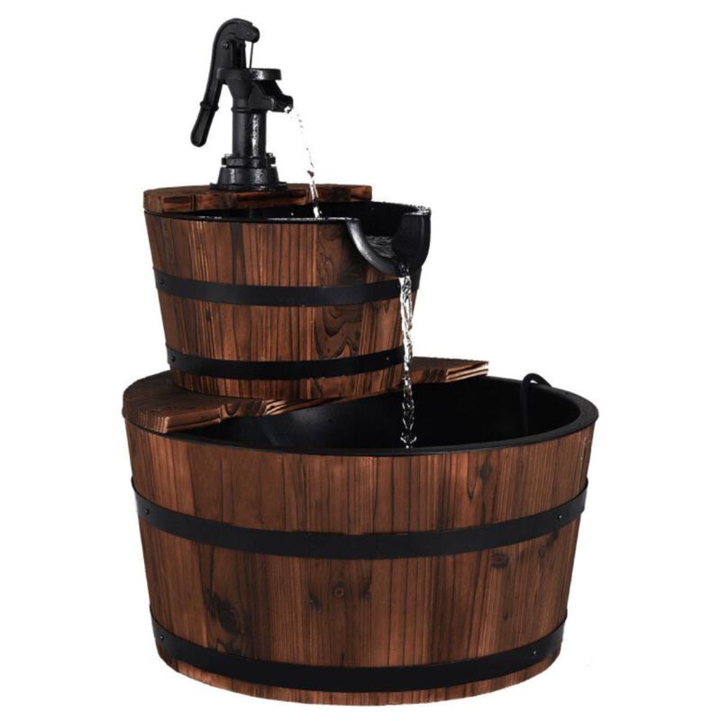 Hivvago 2-Tiers Outdoor Wooden Barrel Waterfall Fountain with Pump