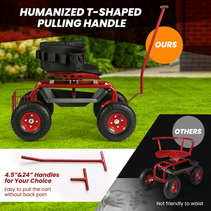 Portable Garden Seat Cart with Wheels, Swivel Function, and Tool Storage