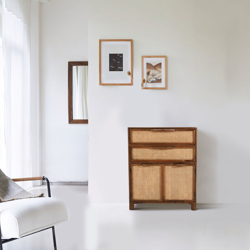 Mia 35 Inch Tall Dresser Chest, Woven Cane Cabinet Doors and Drawer Fronts, Handcrafted Natural Mango Wood - Benzara