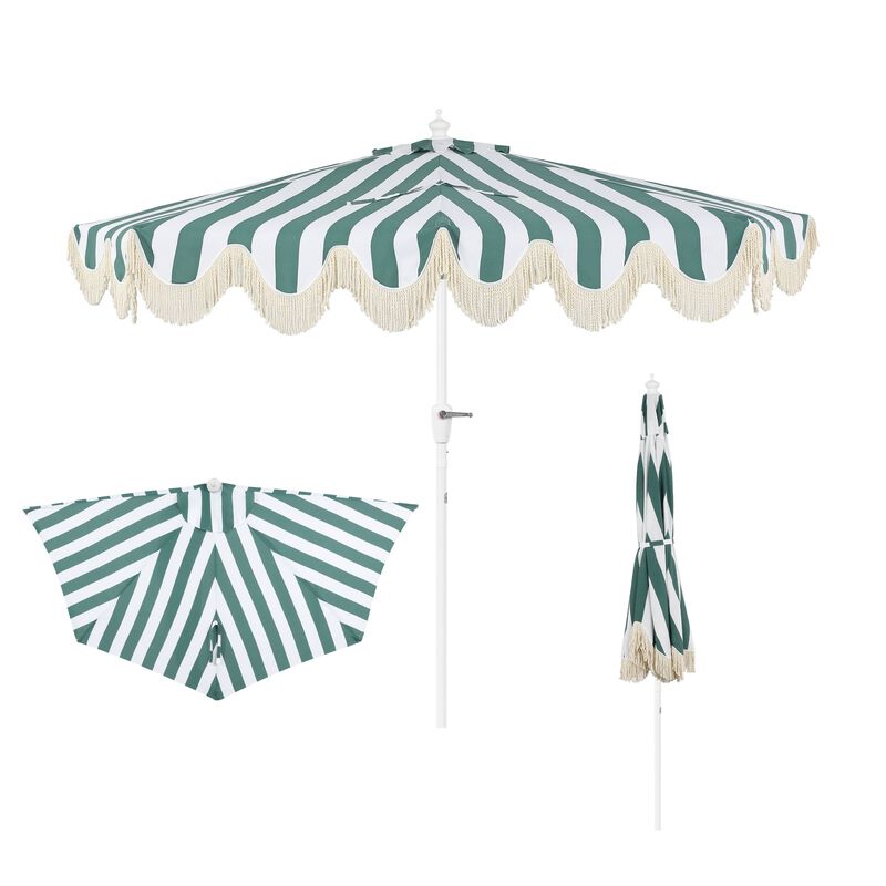 Beverly 9 ft. Designer Classic Scalloped Fringe Half Market Patio Umbrella with Crank, Wind Vent and UV Protection