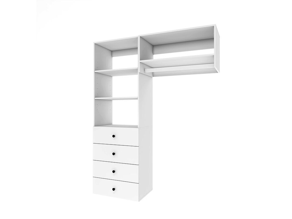 Wood Closet System with 4 Drawers Modular  Storage Cabinet, Hanging Rod and 4 Shelves Clothes Garment Rack Wall Mount or Built-in Organizer for Bedroom 