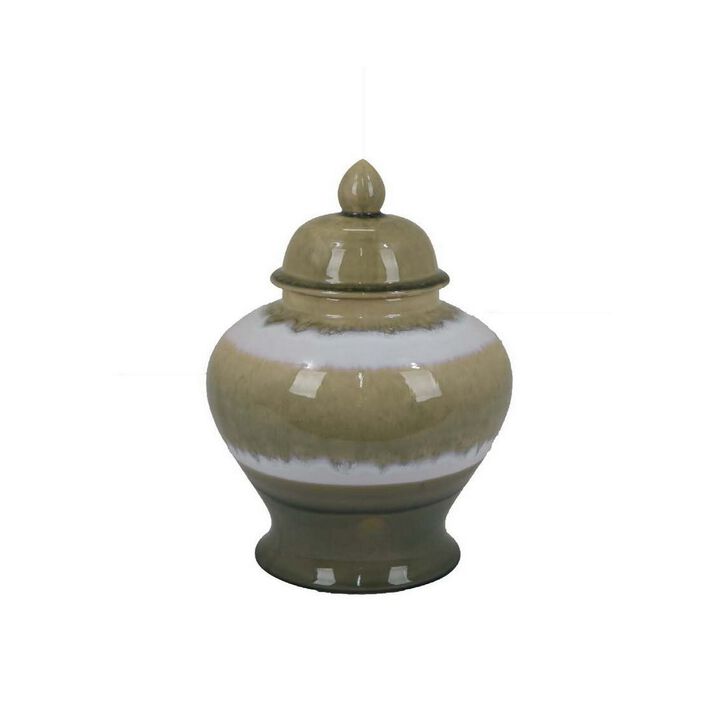 15 Inch Temple Jar with Lid, Ceramic Home Decor, Earth Toned Brown, White - Benzara