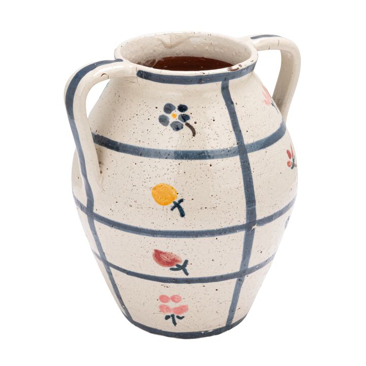 Hand-Painted Terra-cotta Urn with Flowers and Grid Pattern in Crackle Glaze, Multicolor