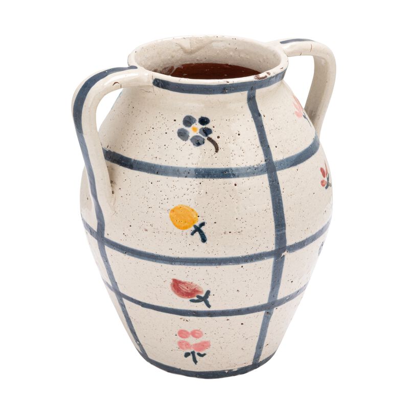 Hand-Painted Terra-cotta Urn with Flowers and Grid Pattern in Crackle Glaze, Multicolor image number 0