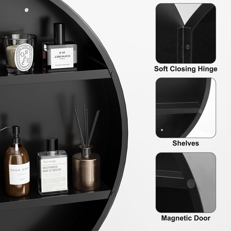 24 Round Black Surface Mount Medicine Cabinet with Mirror