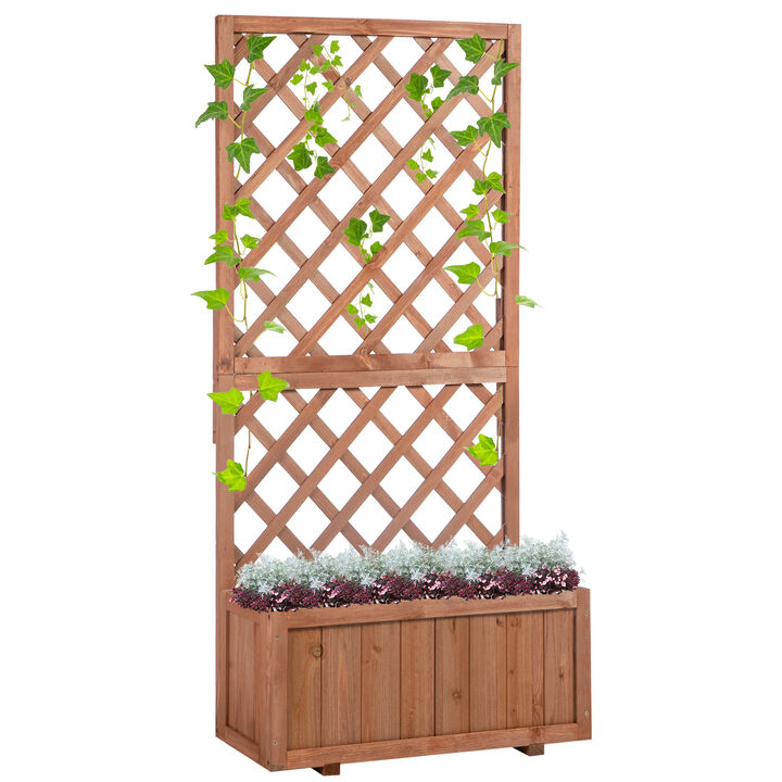 Outsunny Wooden Planter with Trellis, 59" Outdoor Raised Garden Bed with Drainage Holes, Planter Box for Climbing Vine Plants Flowers, Orange