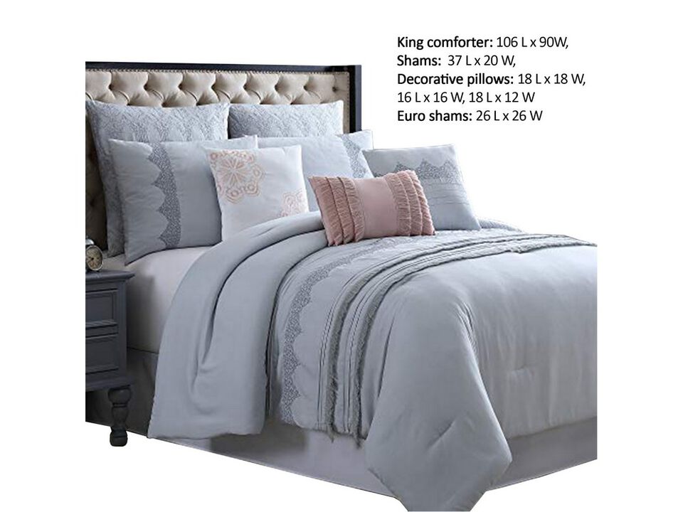 Valletta 8 Piece King Comforter Set with Embroidery and Pleats The Urban Port, Gray - Benzara