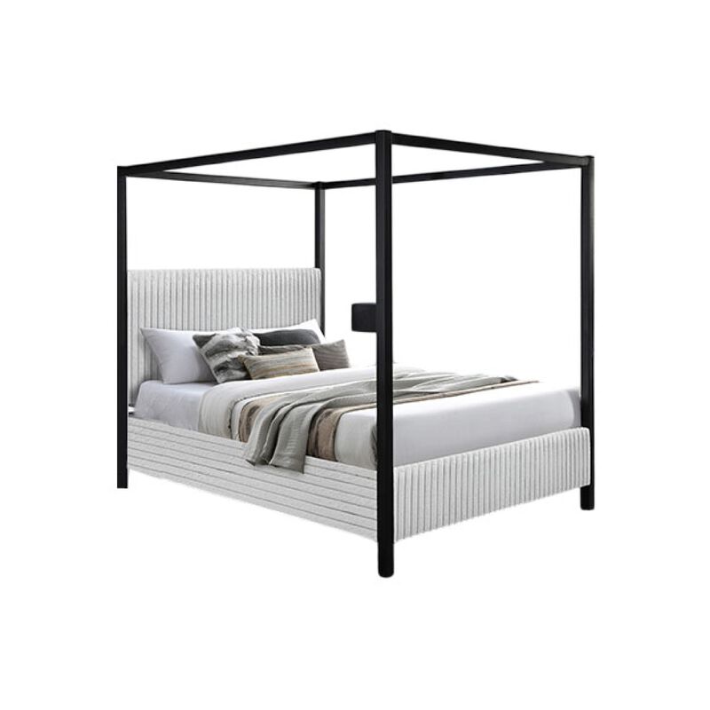 Keri Queen Canopy Bed, Black Slatted Wood Frame, White Upholstery