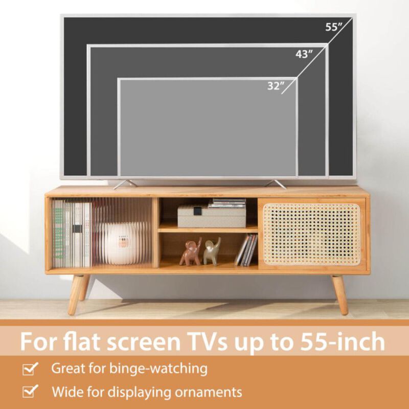 Hivvago Modern TV Stand with Rattan Glass Sliding Doors