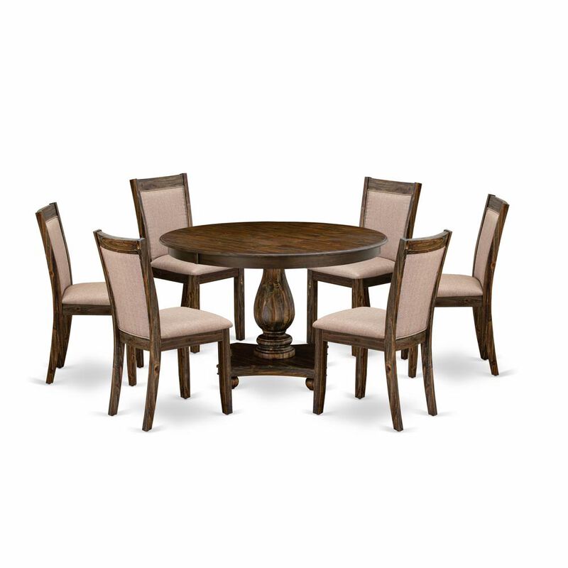 East West Furniture 7 Piece Dinner Table Set Includes a Dining Table and 6 Dark Khaki Linen Fabric Dining Chairs with High Back - Distressed Jacobean Finish