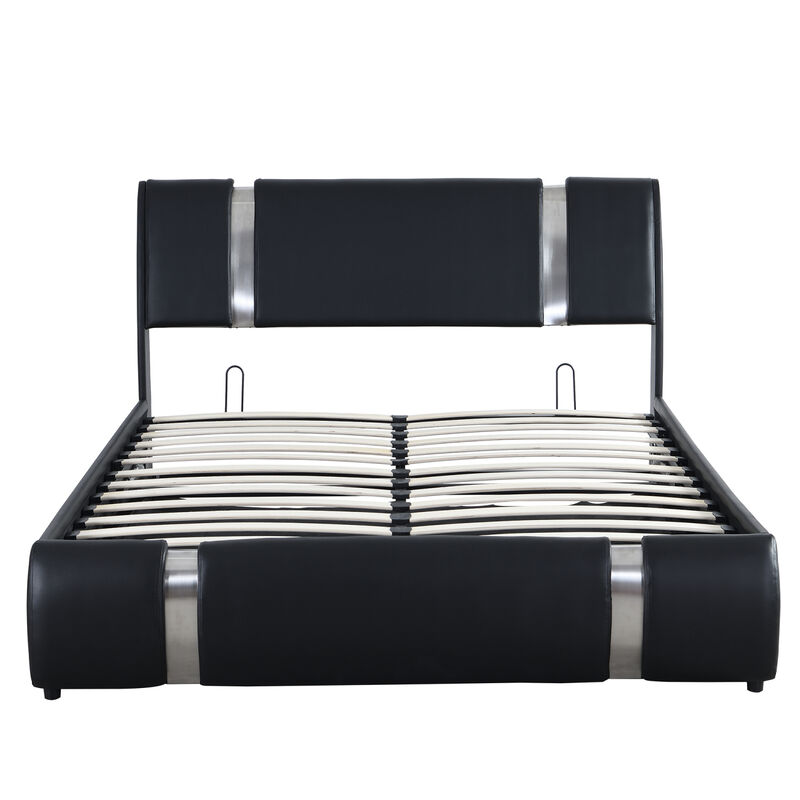 Queen Size Upholstered PU Leather Platform bed with a Hydraulic Storage System, Black