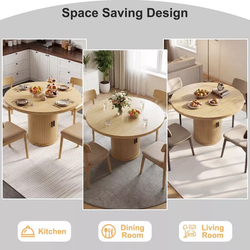 Vipbear 35.43" Round Dining Table for 4, Modern Wooden Kitchen Table with Built-in Storage Shelves image number 6
