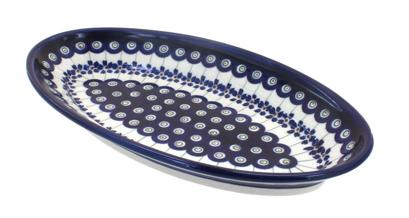Blue Rose Polish Pottery Flowering Peacock Small Oval Platter